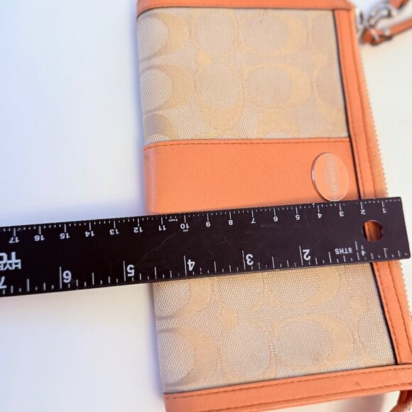 Coach Signature Canvas Leather Wristlet Wallet In Beige Peach Orange Read - Picture 10 of 16